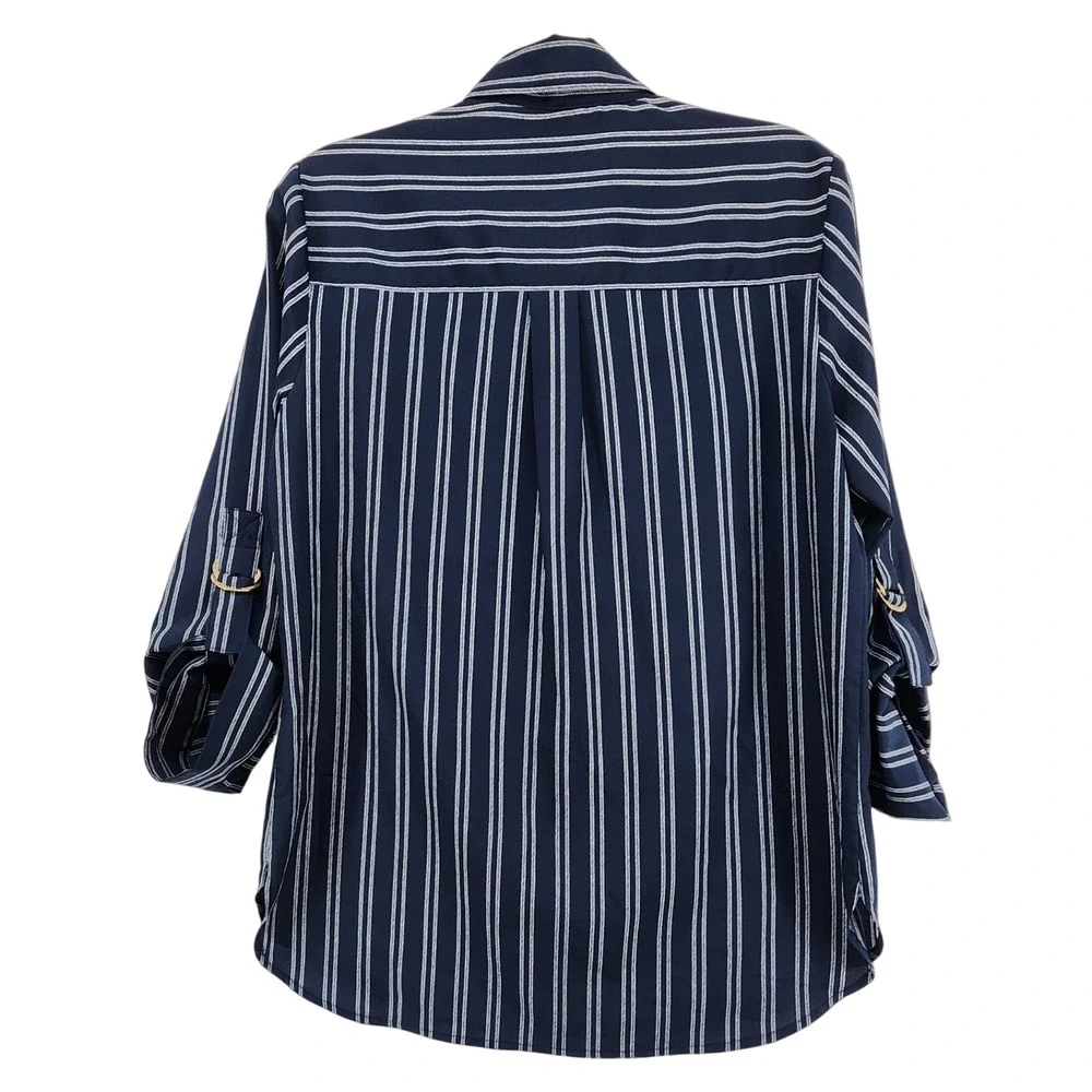 Michael Kors Small Navy Blue Rope Stripe Quarter Zip Roll Tab Sleeve Blouse Top